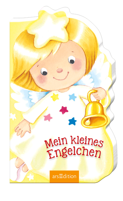 Das Buchcover zeigt ein fröhliches Engelchen mit blonden Haaren und einer goldenen Glocke. Es trägt ein weißes Kleid mit bunten Sternen in blau, rot und gelb. Der Hintergrund ist hellgelb, was eine warme und einladende Atmosphäre schafft. Der Titel „Mein kleines Engelchen“ ist in einer verspielten roten Schriftart wiedergegeben. Ganz unten mittig steht der Logoschriftzug von arsEdition.