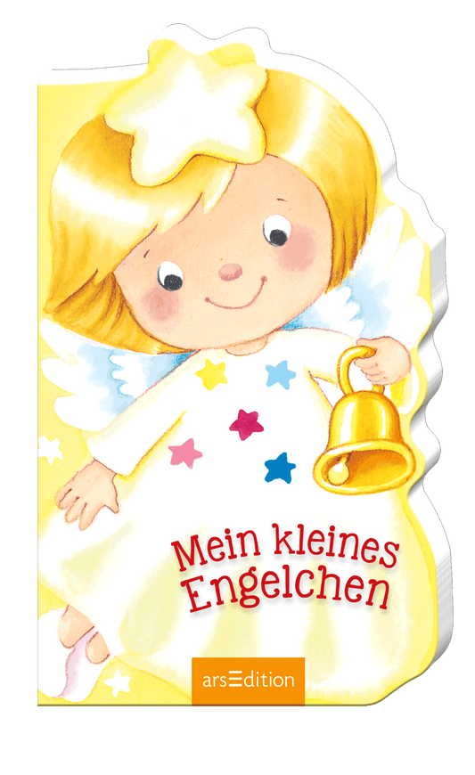 Das Buchcover zeigt ein fröhliches Engelchen mit blonden Haaren und einer goldenen Glocke. Es trägt ein weißes Kleid mit bunten Sternen in blau, rot und gelb. Der Hintergrund ist hellgelb, was eine warme und einladende Atmosphäre schafft. Der Titel „Mein kleines Engelchen“ ist in einer verspielten roten Schriftart wiedergegeben. Ganz unten mittig steht der Logoschriftzug von arsEdition.