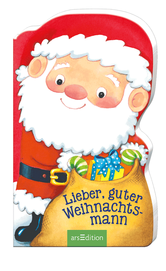 Das Buchcover zeigt einen fröhlichen Weihnachtsmann mit einem weißen Bart und roten Kleidern. Er hält einen großen Sack voller bunter Geschenke. Der Hintergrund ist leuchtend rot, was eine festliche Stimmung erzeugt. Der Titel „Lieber, guter Weihnachtsmann“ ist in blauer Schrift mittig platziert. Ganz oben links ist ein SPIEGEL-Bestseller-Button mit dem Text „Bestseller“ abgebildet. Ganz unten mittig steht der Logoschriftzug von arsEdition.