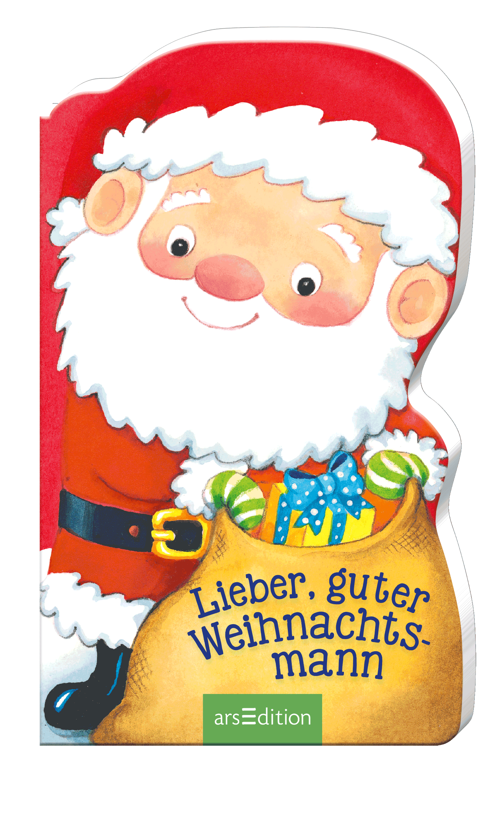 Das Buchcover zeigt einen fröhlichen Weihnachtsmann mit einem weißen Bart und roten Kleidern. Er hält einen großen Sack voller bunter Geschenke. Der Hintergrund ist leuchtend rot, was eine festliche Stimmung erzeugt. Der Titel „Lieber, guter Weihnachtsmann“ ist in blauer Schrift mittig platziert. Ganz oben links ist ein SPIEGEL-Bestseller-Button mit dem Text „Bestseller“ abgebildet. Ganz unten mittig steht der Logoschriftzug von arsEdition.