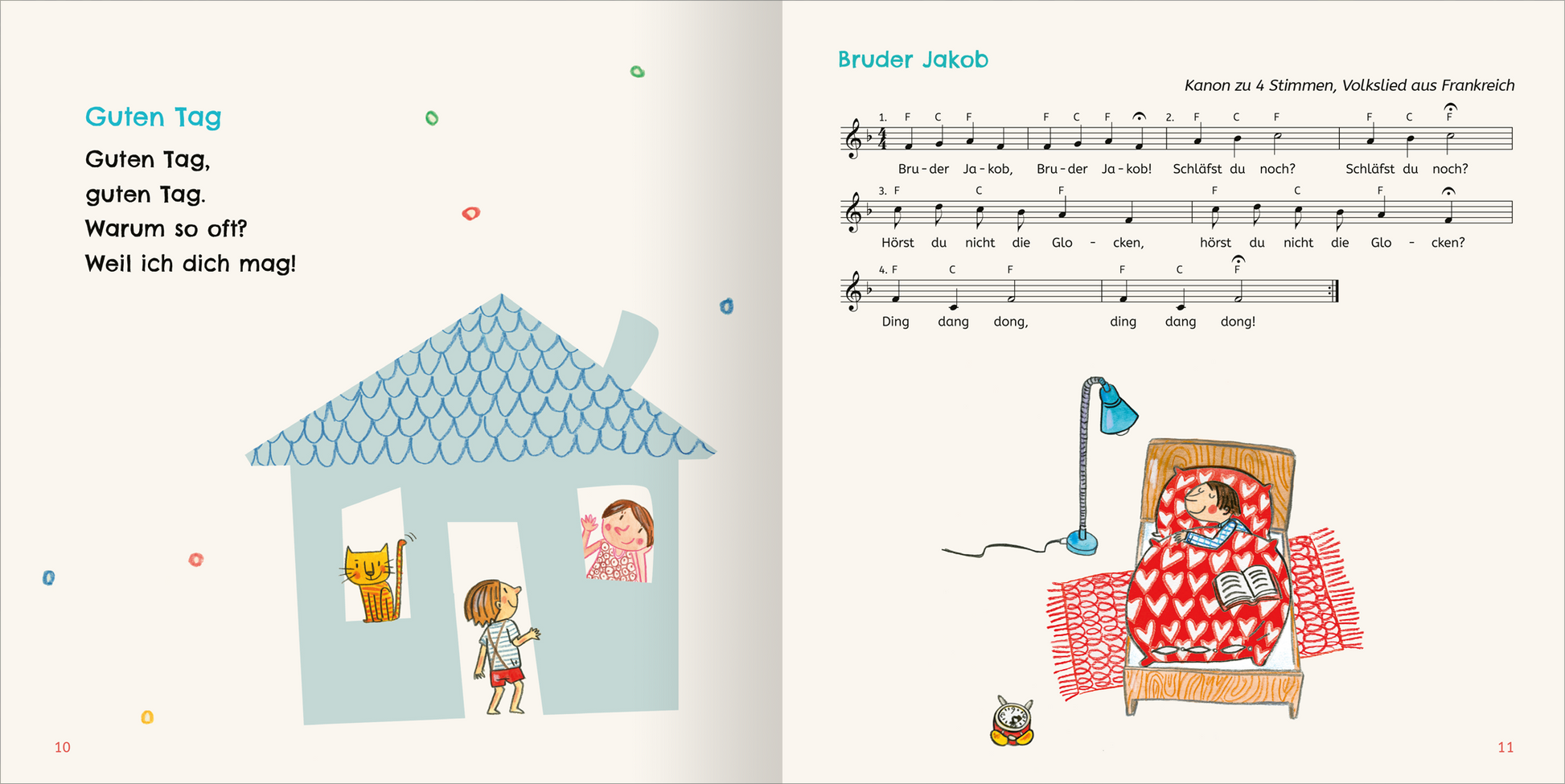 Gezeigt wird eine Innen- oder Zusatzansicht von „Lieder und Reime für Klitzekleine“. Auf der linken Seite befindet sich eine bunte Illustration eines Hauses mit einer Gruppe fröhlicher Figuren und einem Tier. Die Farben sind hell und einladend. Der Text „Guten Tag“ ist in klarer, gut lesbarer Schrift in Schwarz gehalten. Auf der rechten Seite sind Noten für das Lied „Bruder Jakob“ abgebildet, neben einer warmen Zeichnung einer Person in einem gemütlichen Sessel mit einer roten...