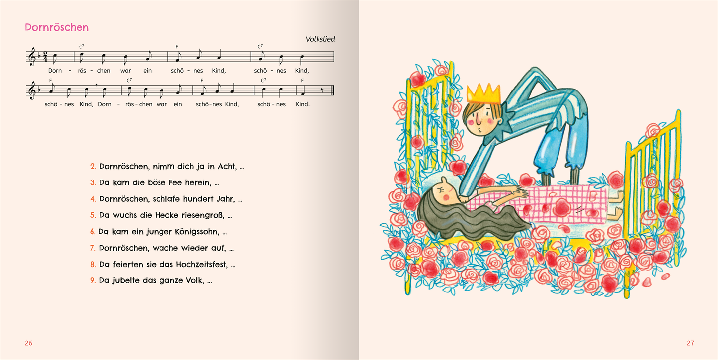 Gezeigt wird eine Innen- oder Zusatzansicht von „Lieder und Reime für Klitzekleine“. Auf der linken Seite sind Noten und der Text des Reims „Dornröschen“ in klarer, gut lesbarer Schrift dargestellt. Die rechte Seite zeigt eine lebendige, farbenfrohe Illustration: Ein Prinz mit einer Krone beugt sich über eine schlafende Prinzessin, umgeben von leuchtend roten und rosa Blumen. Die sanften Pastellfarben des Hintergrunds schaffen einen freundlichen und einladenden Gesamteindruck.