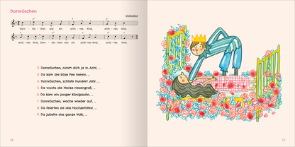 Gezeigt wird eine Innen- oder Zusatzansicht von „Lieder und Reime für Klitzekleine“. Auf der linken Seite sind Noten und der Text des Reims „Dornröschen“ in klarer, gut lesbarer Schrift dargestellt. Die rechte Seite zeigt eine lebendige, farbenfrohe Illustration: Ein Prinz mit einer Krone beugt sich über eine schlafende Prinzessin, umgeben von leuchtend roten und rosa Blumen. Die sanften Pastellfarben des Hintergrunds schaffen einen freundlichen und einladenden Gesamteindruck.