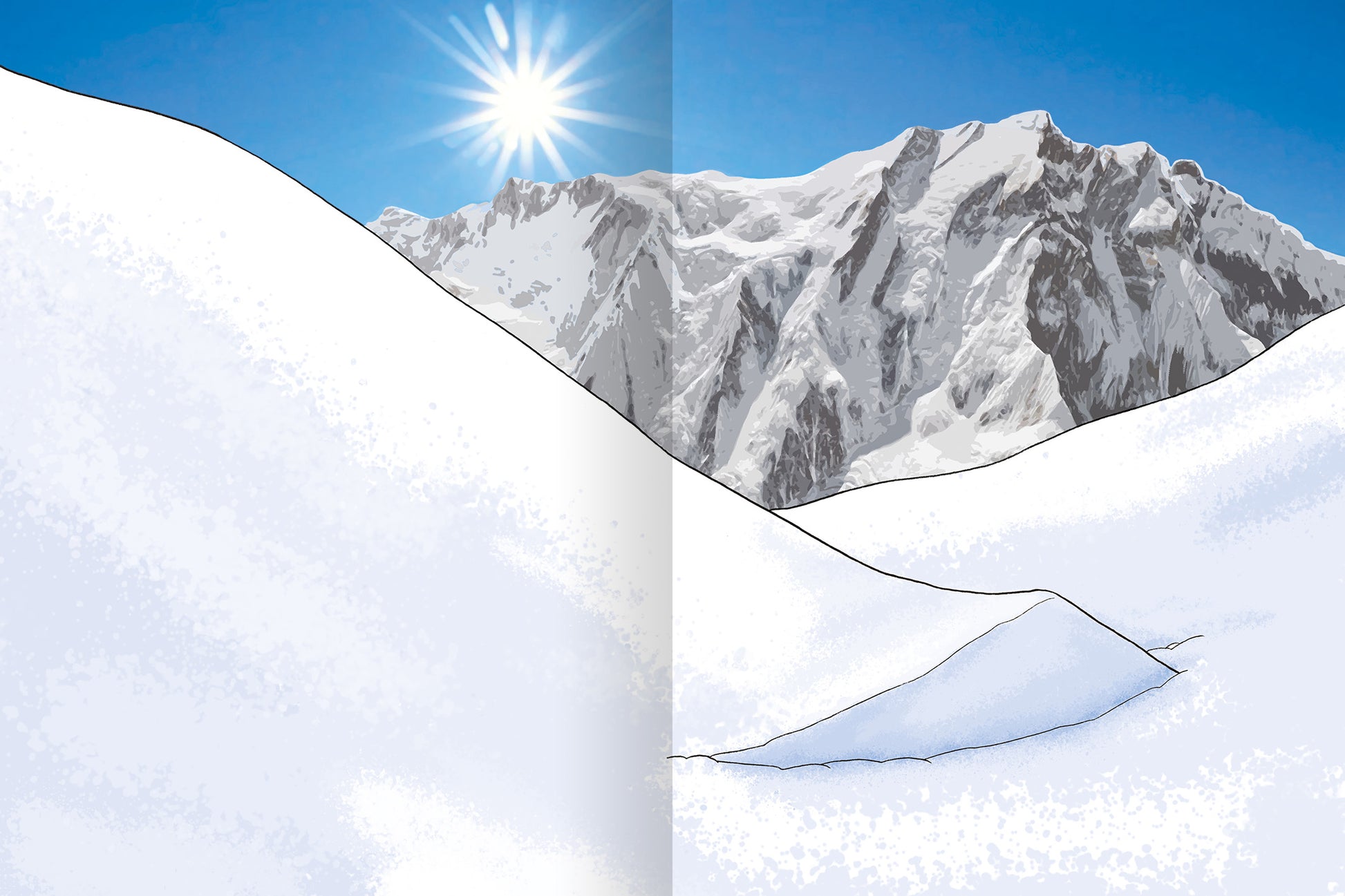 Gezeigt wird eine Innen- oder Zusatzansicht von „Erstes Stickern – Winterzeit“. Die Illustration zeigt schneebedeckte Hügel und majestätische Berge im Hintergrund, die von einem strahlend blauen Himmel und einer leuchtenden Sonne überragt werden. Die Farben sind überwiegend in Weiß- und Blautönen gehalten, während die typografischen Elemente verspielt und gut lesbar sind, um die winterliche Stimmung zu unterstreichen.