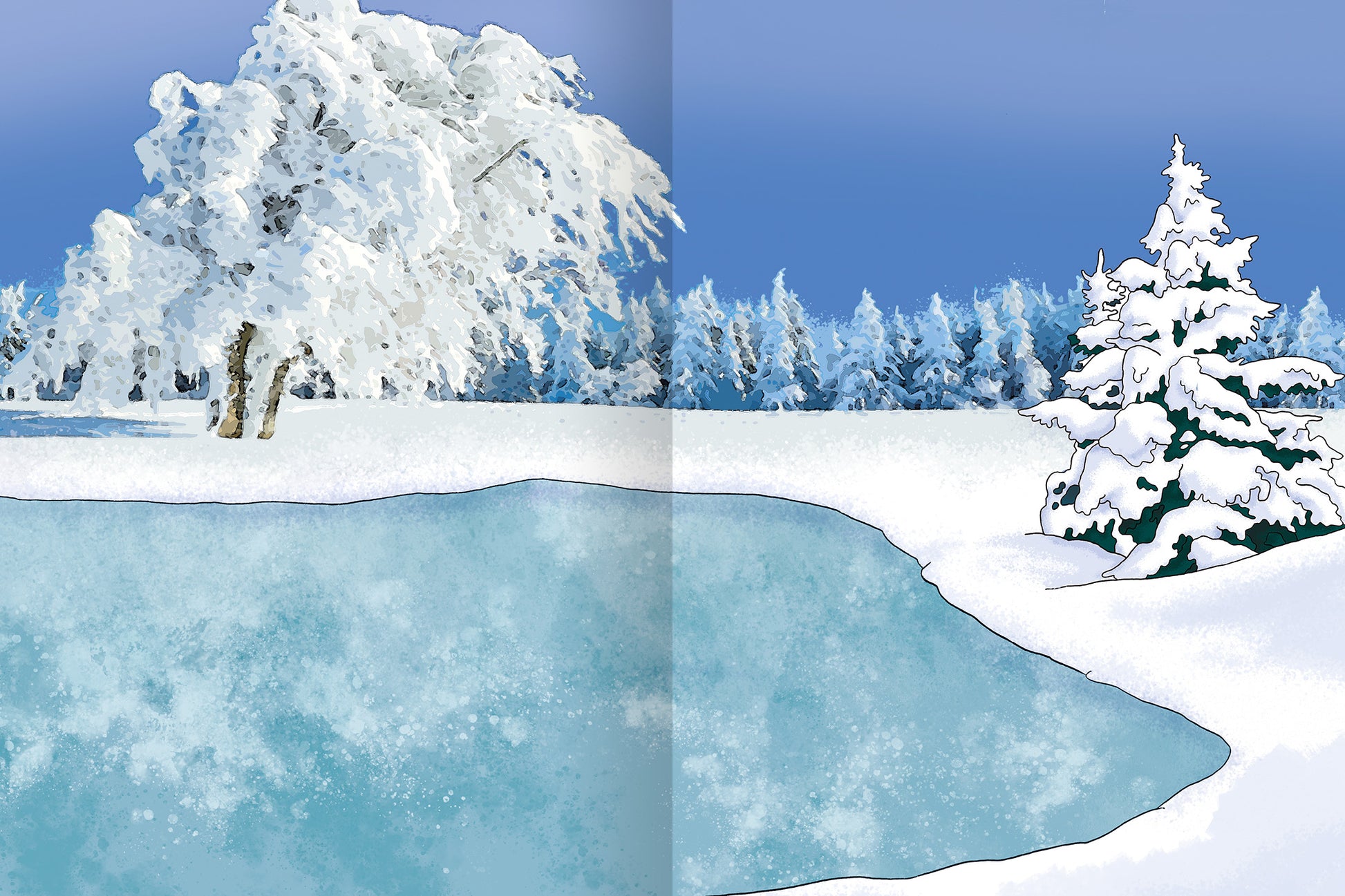 Gezeigt wird eine Innen- oder Zusatzansicht von „Erstes Stickern – Winterzeit“. Die Illustration zeigt eine winterliche Landschaft mit schneebedeckten Bäumen und einem gefrorenen Teich. Die Farben sind kräftig, mit sanften Blautönen für den Himmel und den Teich, während die Landschaft in strahlendem Weiß gehalten ist. Die Typografie ist spielerisch und für Kinder ansprechend gestaltet, harmoniert jedoch gut mit der ruhigen, winterlichen Atmosphäre.