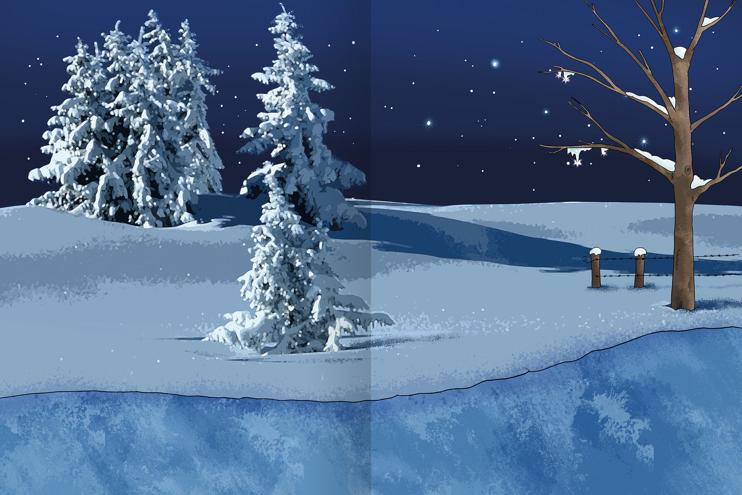 Gezeigt wird eine Innen- oder Zusatzansicht von „Erstes Stickern – Winterzeit“. Die Szene zeigt eine verschneite Landschaft bei Nacht, mit hohen, schneebedeckten Tannenbäumen und einem schmalen, gefrorenen Fluss. Der Himmel ist dunkelblau und mit funkelnden, weißen Sternen bedeckt. Ein kahler Baum steht rechts im Bild, während zwei Holzpfähle am linken Rand sichtbar sind. Die Farben sind überwiegend in kühlem Blau und Weiß gehalten, was die winterliche Atmosphäre unterstreicht.