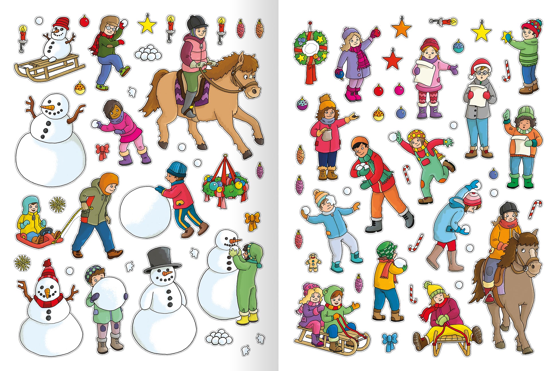 Gezeigt wird eine Innen- oder Zusatzansicht von „Erstes Stickern – Winterzeit“. Die Illustration zeigt eine fröhliche Winterszene mit Kindern in bunten Winterkleidern, die Aktivitäten wie Schneeballschlachten, Schneemannbauen und Schlittenfahren ausüben. Auf der linken Seite stehen zwei Schneemänner und ein Kind auf einem Schlitten. Die rechte Seite zeigt Kinder mit Spielzeug und festlicher Dekoration. Die Farben sind lebhaft, überwiegend in Blau, Rot, Grün und Gelb gehalten. Die...
