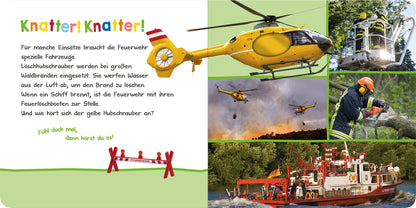 Gezeigt wird eine Innen- oder Zusatzansicht von „Hör mal rein, wer kann das sein? – Bei der Feuerwehr“. Der Hintergrund ist in sanften Grüntönen gehalten. In der oberen linken Ecke steht der Titel „Knatter! Knatter!“ in bunten, verspielten Buchstaben. Es sind mehrere Bilder abgebildet: Ein gelber Hubschrauber fliegt über einen Wald, ein Feuerwehrauto an einem Fluss und Einsatzkräfte bei der Arbeit. Der Text beschreibt die verschiedenen Fahrzeuge der Feuerwehr und fördert die...