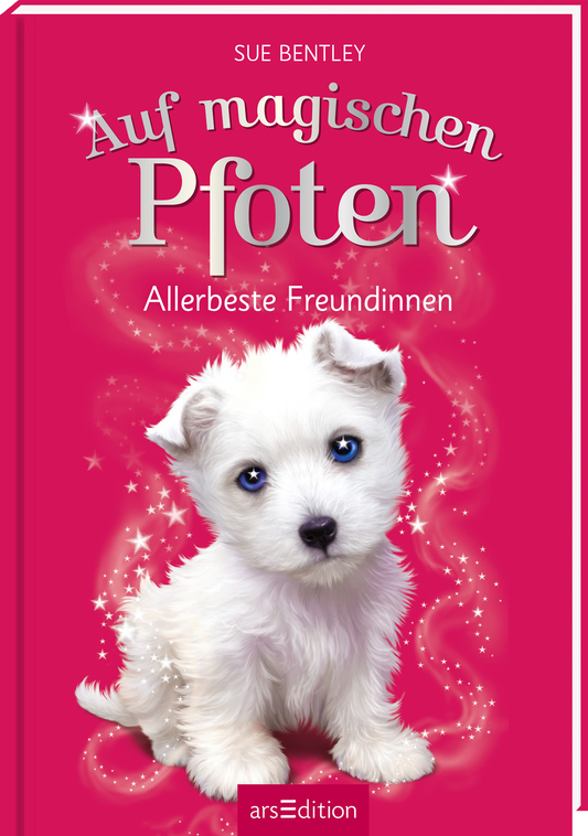 Das Buchcover zeigt einen niedlichen, weißen Welpen mit blauen Augen vor einem leuchtend pinken Hintergrund. Der Titel „Auf magischen Pfoten“ ist in verspielter, silberner Schrift oben platziert, während darunter in einer schlichten, weißen Schrift „Allerbeste Freundinnen“ steht. Die Gestaltung vermittelt eine fröhliche und einladende Atmosphäre. Oben links ist der Name der Autorin, Sue Bentley, zu finden. Ganz unten mittig steht der Logoschriftzug von arsEdition.