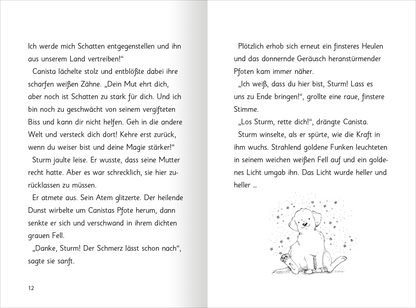 Gezeigt wird eine Innen- oder Zusatzansicht von „Auf magischen Pfoten – Wuffige Weihnachten“. Die Seiten sind in einem klaren, gut lesbaren Layout gestaltet. Der Text ist in schwarzer Serifenschrift auf weißem Hintergrund gedruckt. Illustrationen von einem niedlichen Hund und funkelnden Elementen sorgen für visuelle Akzente, während die Farben sanft und harmonisch sind. Ein zarter, kindlicher Zeichnungsstil ergänzt die märchenhafte Erzählung. Die Gesamtästhetik vermittelt eine...