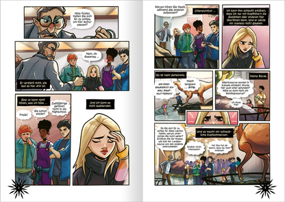 Gezeigt wird eine Innen- oder Zusatzansicht von „Keeper of the Lost Cities – Die Graphic Novel, Teil 1“. Die Illustration präsentiert mehrere Charaktere in einem hellen, bunten Stil. Die Farben sind lebhaft und vielfältig, besonders die Kleidung und die Haarfarben der Figuren stechen hervor. Typografisch sind die Sprechblasen klar und leserlich gestaltet, wobei Dialoge und Gedanken in unterschiedlicher Schriftart hervorgehoben werden, um Emotionen und Bedeutung zu unterstreichen.