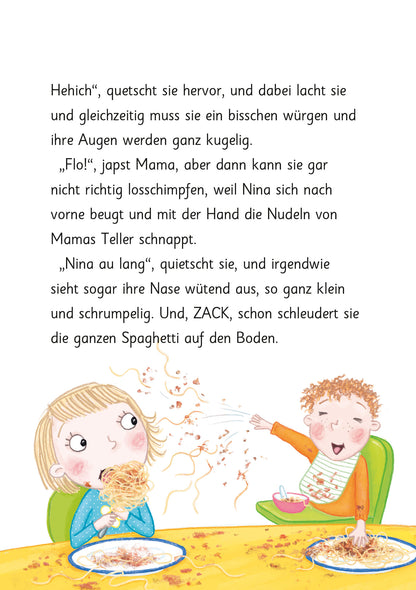 Gezeigt wird eine Innenansicht von „Ziemlich beste Schwestern – Spaghetti mit Konfetti“. Die Illustration zeigt zwei Kinder, ein Mädchen mit blonden Haaren und ein Kleinkind mit lockigem, braunem Haar, die begeistert aus ihren Tellern mit Spaghetti essen. Der Text ist in einer klaren, leserfreundlichen Schriftart gestaltet, die den lebendigen, humorvollen Charakter der Szene unterstreicht. Spaghetti fallen neben den Teller, was eine fröhliche, chaotische Stimmung vermittelt.