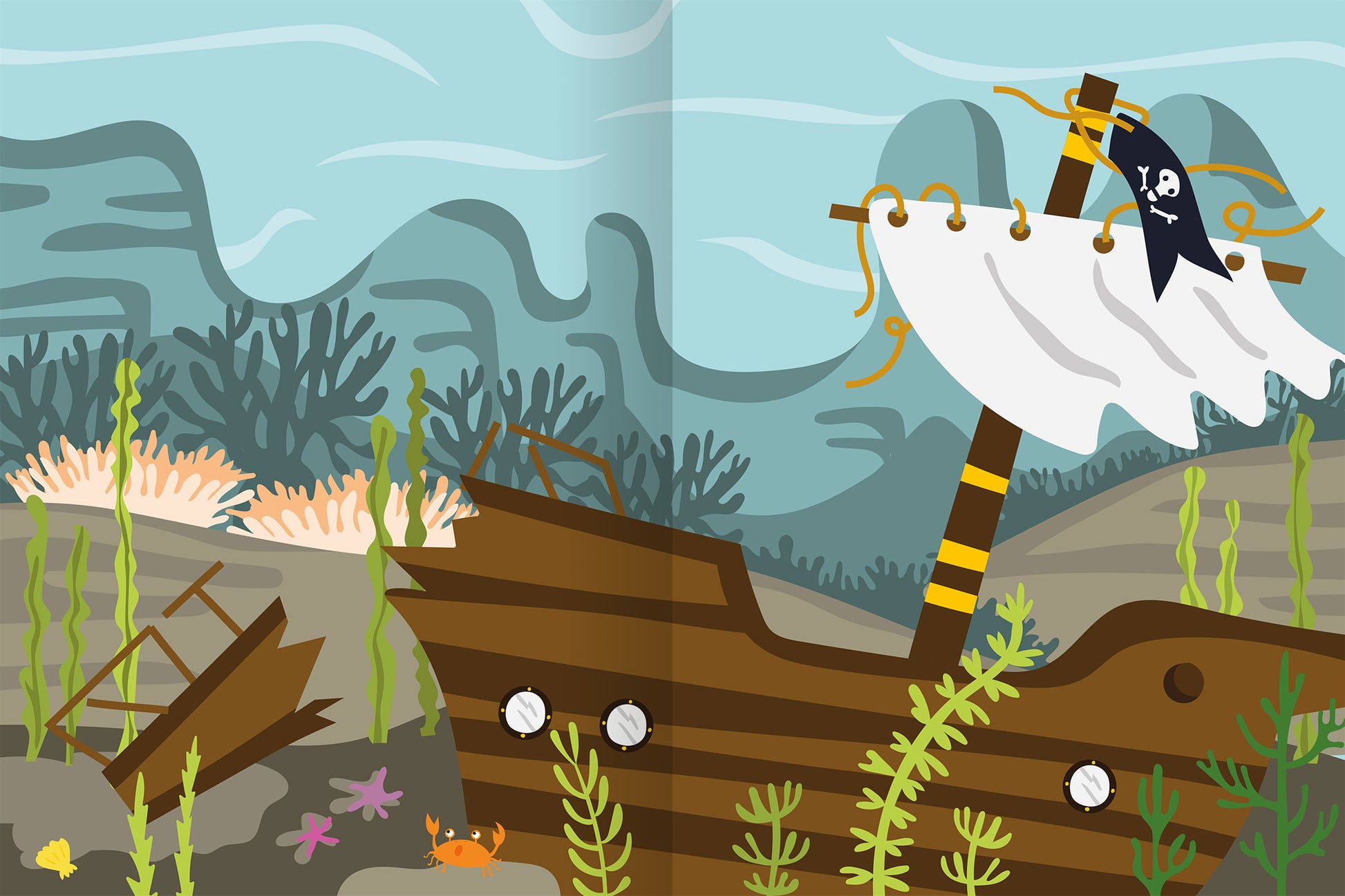 Gezeigt wird eine Innen- oder Zusatzansicht von „Erstes Stickern Metallic – Unter Wasser“. Die Illustration zeigt ein versunkenes Piratenschiff mit einer weißen Fahne und Totenkopf an der Masten. Umgeben ist das Schiff von bunten Korallen und grünen Wasserpflanzen. Der Hintergrund ist in sanften Blau- und Grautönen gehalten, die das Unterwasser-Feeling unterstützen. Die typografischen Elemente sind klar und kindgerecht gestaltet, was das Thema kindlich und einladend wirken lässt.