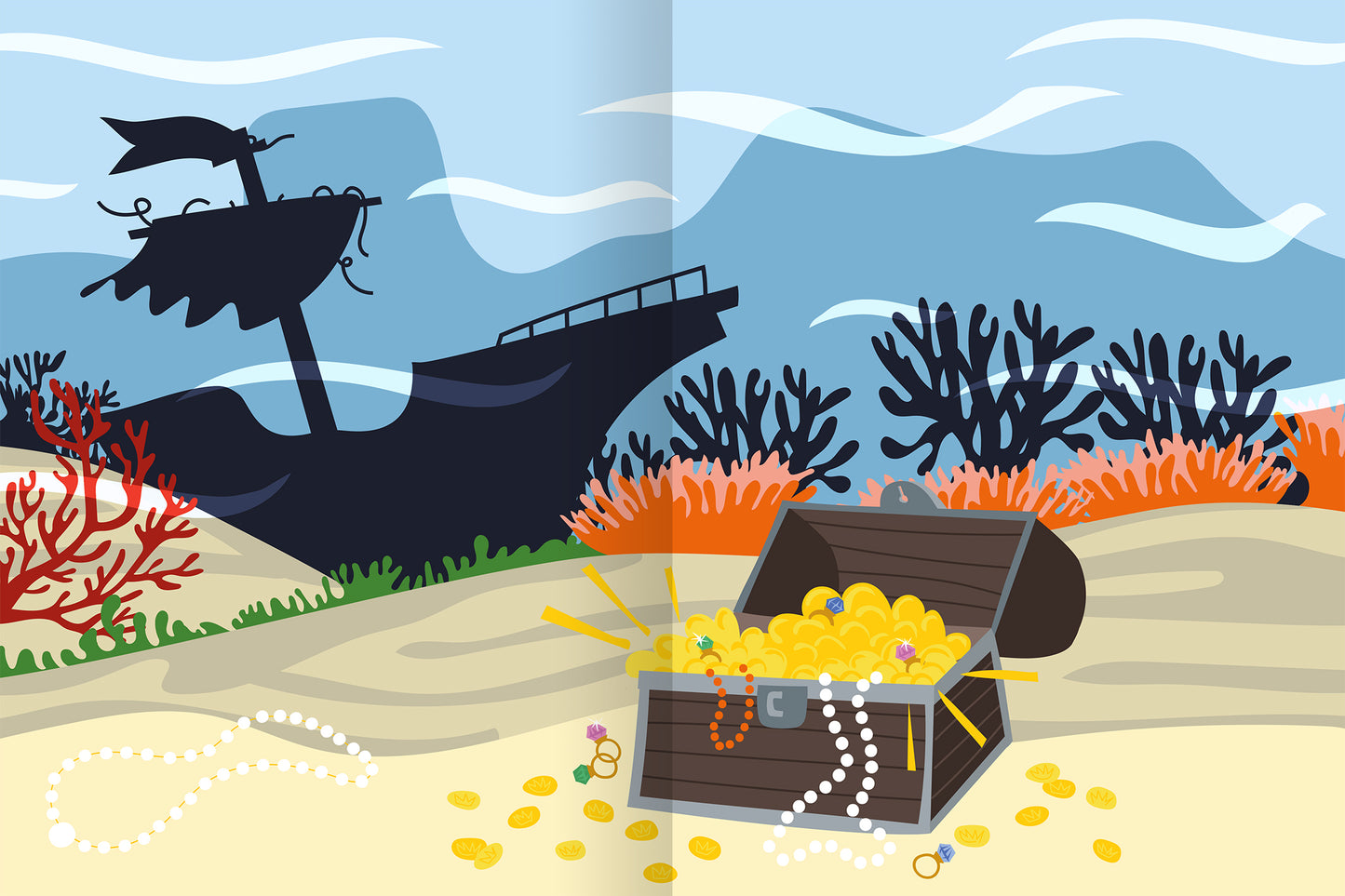 Gezeigt wird eine Innen- oder Zusatzansicht von „Erstes Stickern Metallic – Unter Wasser“. Die Illustration zeigt einen bunten Unterwasserbereich mit einem Schiffwrack und einem Schatzkistchen. Das Kistchen ist gefüllt mit goldenen Münzen, Perlen und Schmuckstücken. Unter Wasser gibt es leuchtende Korallen in verschiedenen Farben, vorwiegend in Rot- und Orangetönen. Der Hintergrund zeigt sanfte blaue Wellen und eine harmonische Typografie, die Abenteuerlust weckt.