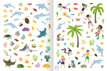 Gezeigt wird eine Innen- oder Zusatzansicht von „Erstes Stickern Metallic – Unter Wasser“. Die Illustration zeigt eine bunte Ansammlung maritimer Elemente, darunter Fische, Haie, Schildkröten und lebendige Korallen. Auf der rechten Seite sind Kinder beim Spielen im Wasser sowie Palmen abgebildet. Die Farben sind lebhaft und vielfältig, mit einem dominierenden Blau für das Wasser und unterschiedlichen Farbtönen für die Unterwasserlebewesen. Die Typografie ist kindgerecht und verspielt.