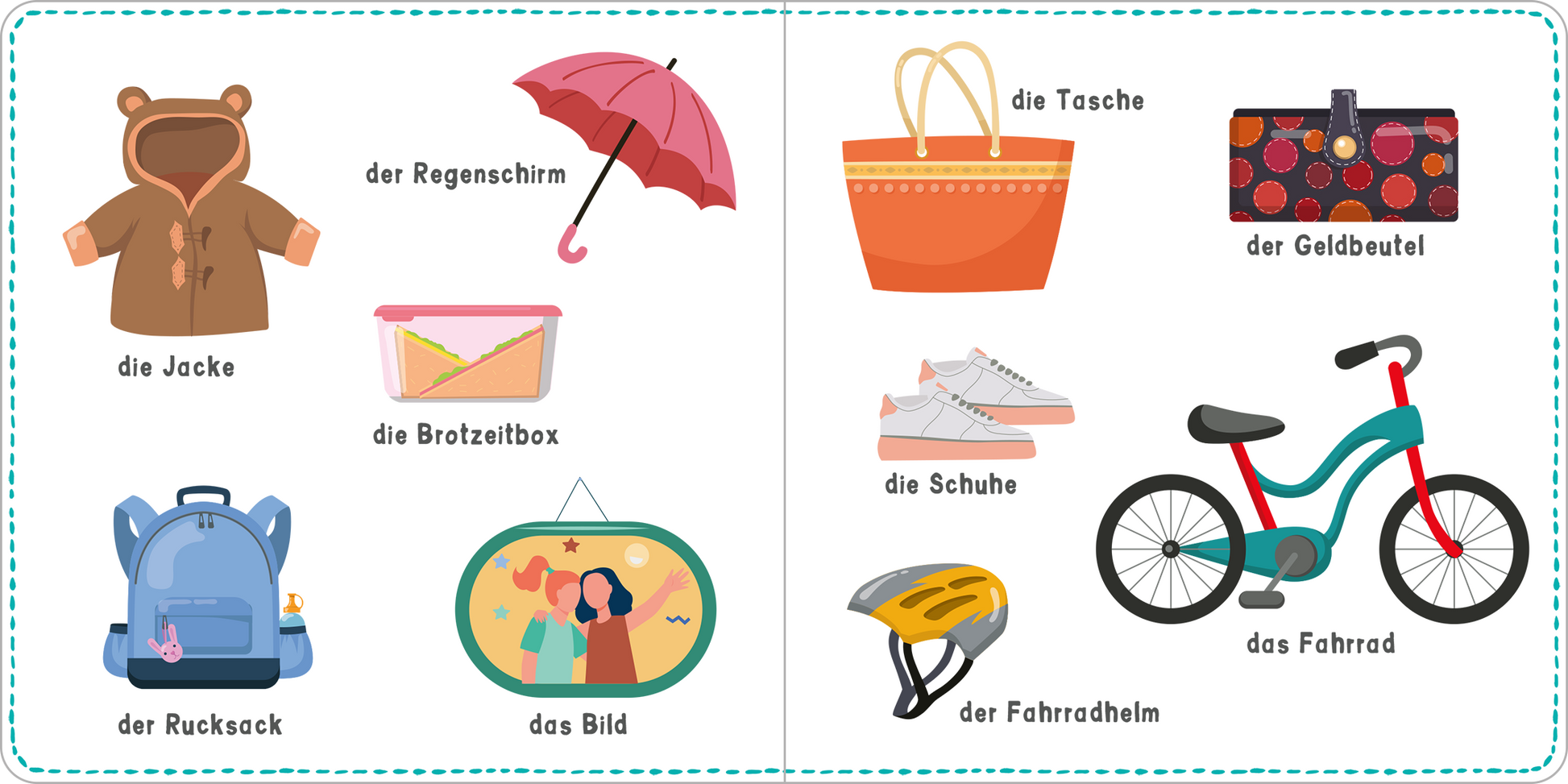 Gezeigt wird eine Innen- oder Zusatzansicht von „Mein kunterbuntes Wörterbuch – Sachen“. Die Seite präsentiert eine Vielzahl bunter Illustrationen, darunter ein Rucksack, ein Regenschirm, eine Jacke und ein Fahrrad. Die Objekte sind klar und einfach dargestellt, wobei lebendige Farben wie Blau, Rot und Gelb dominieren. Die Typografie ist kindgerecht, einfach lesbar, und die Begriffe sind neben den Bildern aufgeführt, um den Lernprozess zu unterstützen.