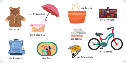 Gezeigt wird eine Innen- oder Zusatzansicht von „Mein kunterbuntes Wörterbuch – Sachen“. Die Seite präsentiert eine Vielzahl bunter Illustrationen, darunter ein Rucksack, ein Regenschirm, eine Jacke und ein Fahrrad. Die Objekte sind klar und einfach dargestellt, wobei lebendige Farben wie Blau, Rot und Gelb dominieren. Die Typografie ist kindgerecht, einfach lesbar, und die Begriffe sind neben den Bildern aufgeführt, um den Lernprozess zu unterstützen.