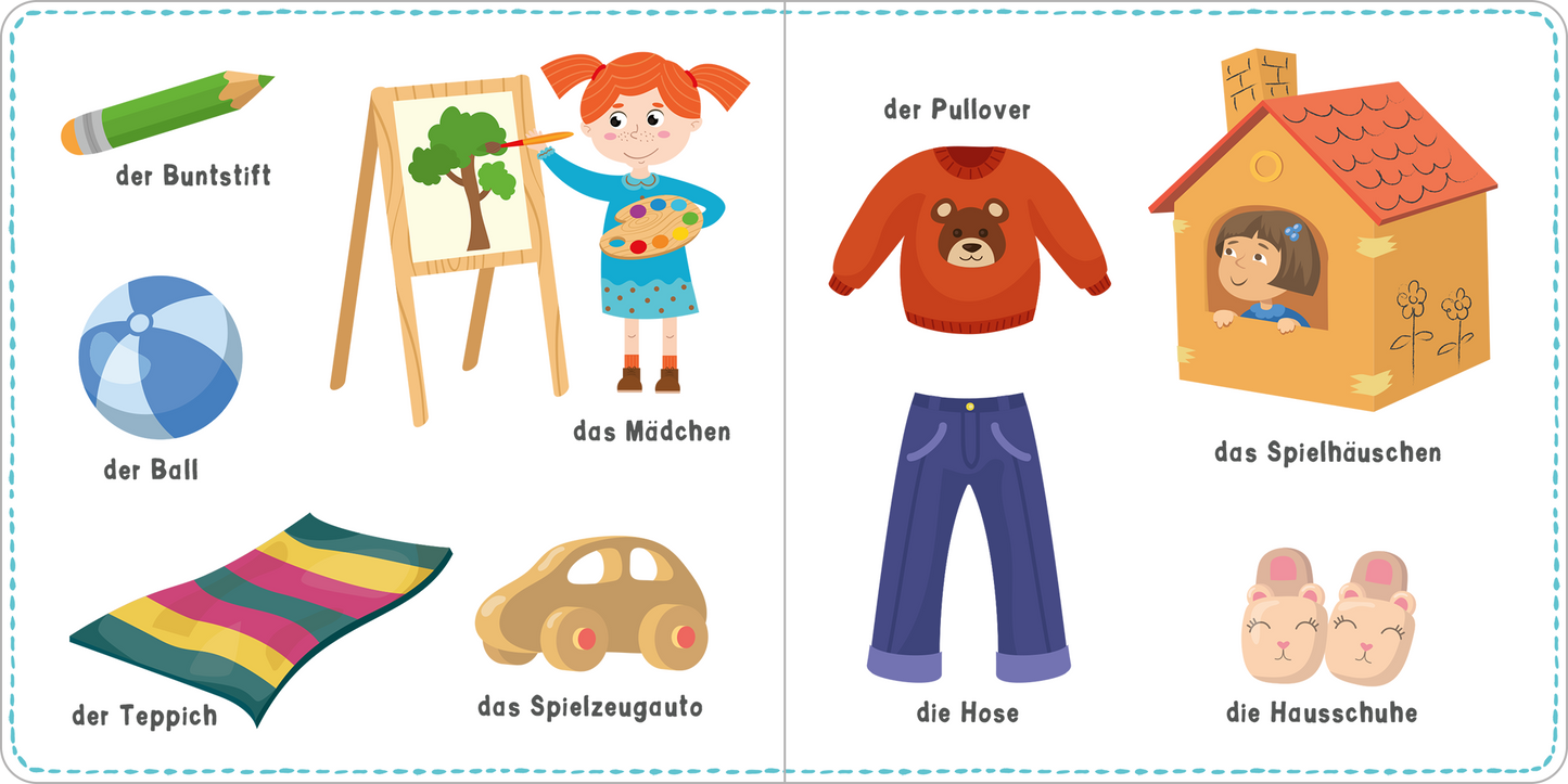 Gezeigt wird eine Innen- oder Zusatzansicht von „Mein kunterbuntes Wörterbuch – Sachen“. Auf der linken Seite sind bunte Illustrationen von Gegenständen wie einem Buntstift, einem Ball, einem Teppich und einem Spielzeugauto zu sehen. Auf der rechten Seite sind ein Mädchen mit rotem Pullover, ein Spielhäuschen, eine Hose und Hausschuhe abgebildet. Die Farben sind lebhaft und freundlich, die Typografie ist klar und kindgerecht gestaltet, wodurch die Objekte deutlich hervorgehoben werden.
