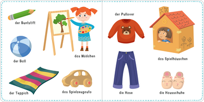 Gezeigt wird eine Innen- oder Zusatzansicht von „Mein kunterbuntes Wörterbuch – Sachen“. Auf der linken Seite sind bunte Illustrationen von Gegenständen wie einem Buntstift, einem Ball, einem Teppich und einem Spielzeugauto zu sehen. Auf der rechten Seite sind ein Mädchen mit rotem Pullover, ein Spielhäuschen, eine Hose und Hausschuhe abgebildet. Die Farben sind lebhaft und freundlich, die Typografie ist klar und kindgerecht gestaltet, wodurch die Objekte deutlich hervorgehoben werden.