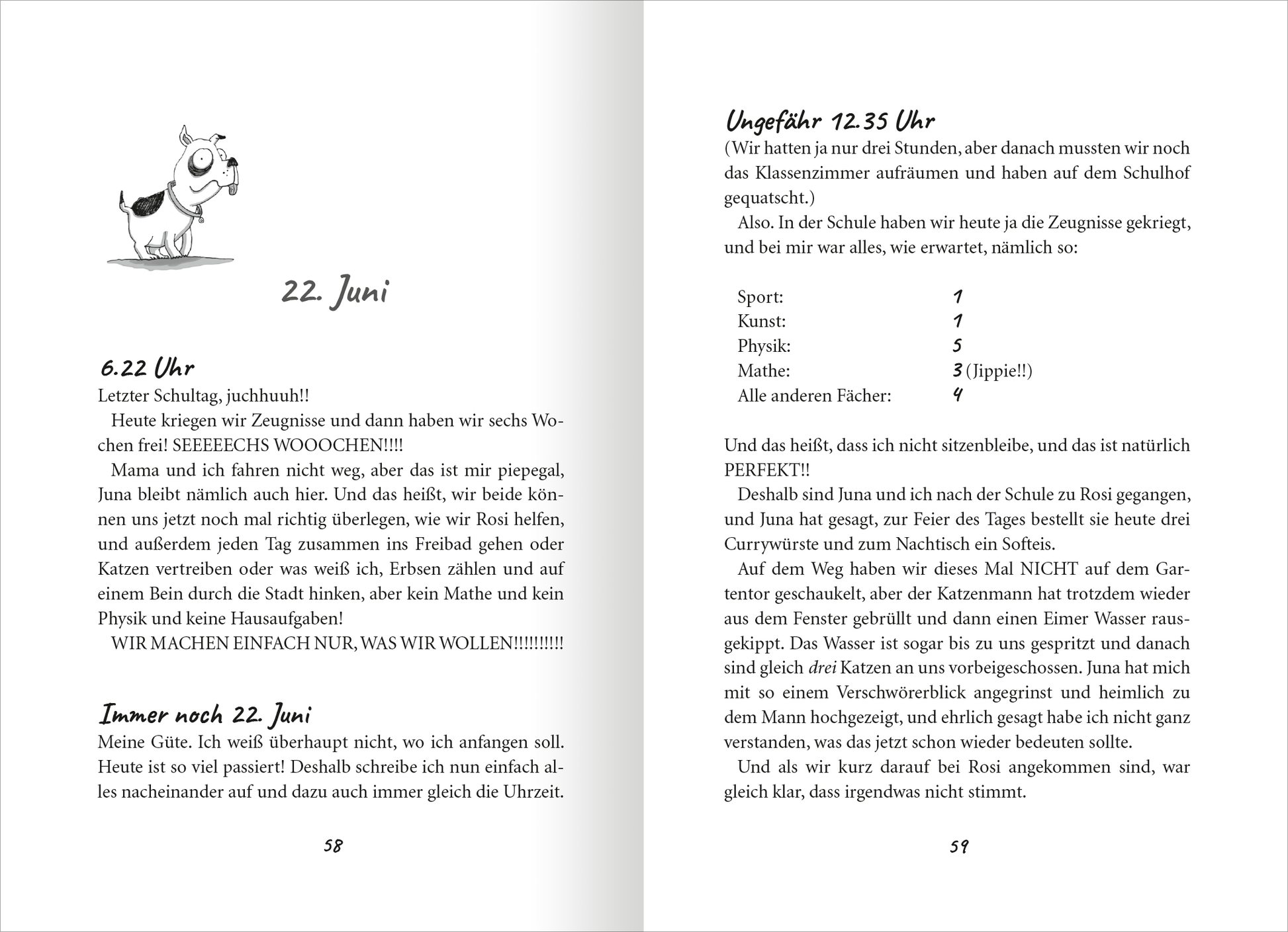 Gezeigt wird eine Innen- oder Zusatzansicht von „Pfeffer und Minze – Zusammen sind wir unschlagbar!“. Die Doppelseite präsentiert einen lebhaften Layoutstil. Links oben ist eine comichafte Illustration eines Hundes abgebildet.