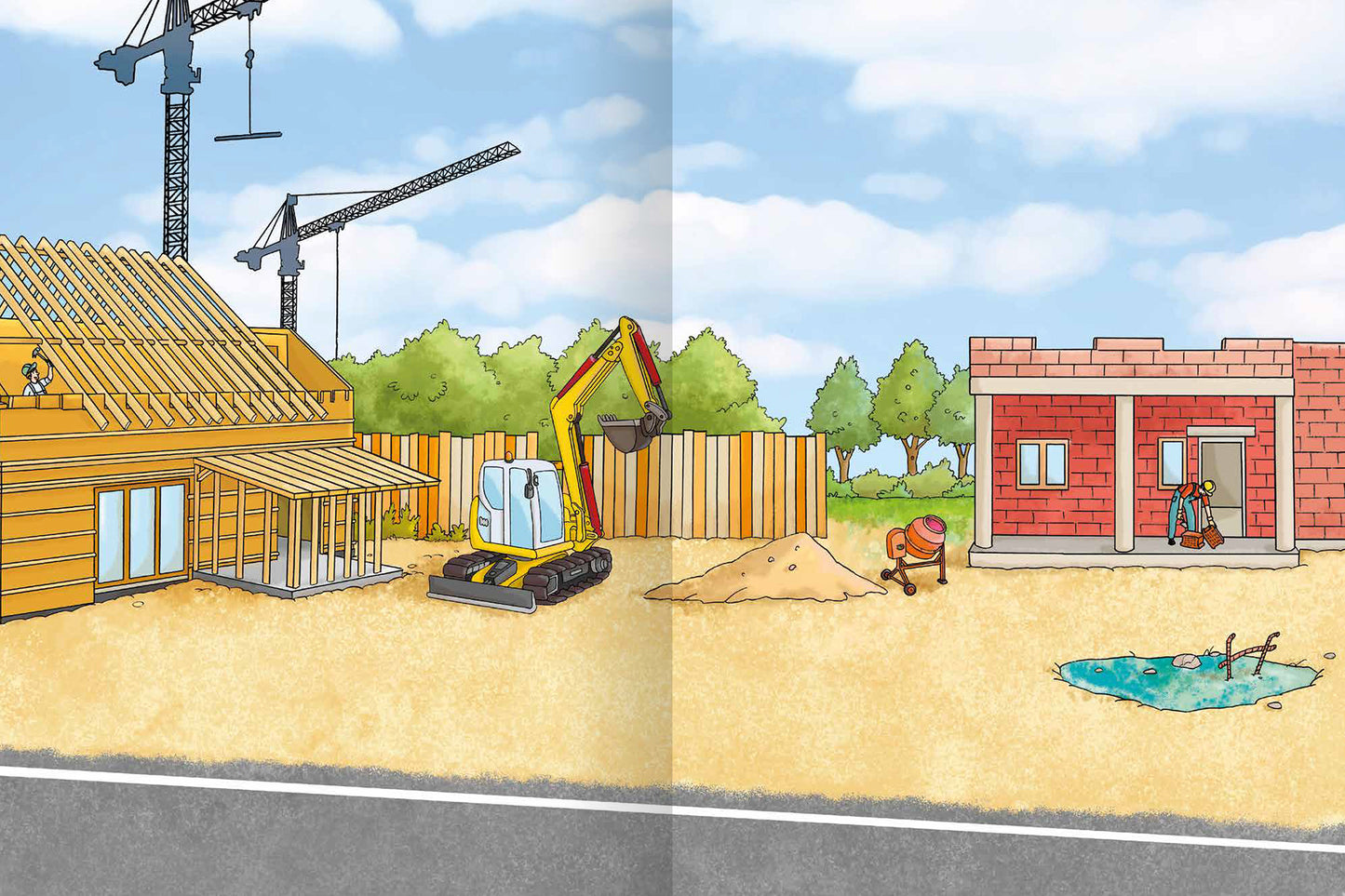Gezeigt wird eine Innen- oder Zusatzansicht von „Erstes Stickern Metallic – Fahrzeuge“. Die Illustration zeigt eine Baustelle mit Holz- und Ziegelgebäuden. Auf der linken Seite befindet sich ein Holzhaus im Bau mit einem Baukran und einem Bagger. Rechts ist ein rotes Haus mit einem Handwerker zu sehen. Der Himmel ist blau mit wenigen Wolken, umgeben von grünen Bäumen. Die Farben sind lebhaft und die Typografie ist klar und gut lesbar, passend zu einem kindgerechten Design.