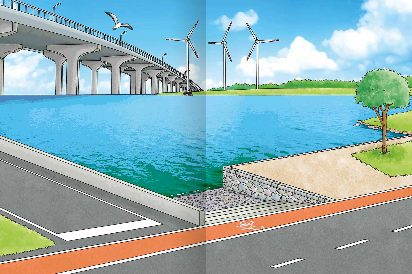 Gezeigt wird eine Innen- oder Zusatzansicht von „Erstes Stickern Metallic – Fahrzeuge“. Die Illustration zeigt eine lebendige Landschaft mit einer großen Brücke, die über einen blauen Wasserfluss führt. Im Hintergrund sind mehrere Windräder sichtbar, umgeben von grünem Land. Auf der linken Seite führt eine Straße mit einem Radweg, der in leuchtendem Orange gefärbt ist, zum Wasser. Ein Baum und eine kleine Sandfläche ergänzen die Szenerie, die vor einem strahlend blauen Himmel...
