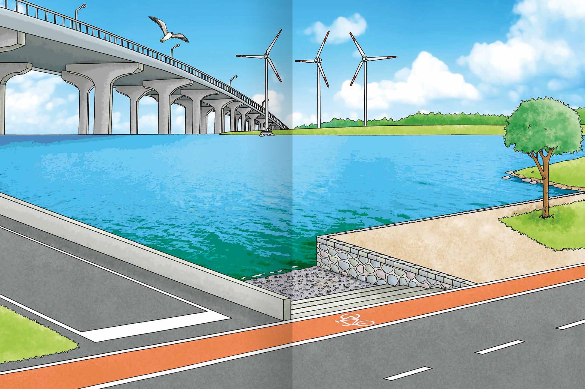 Gezeigt wird eine Innen- oder Zusatzansicht von „Erstes Stickern Metallic – Fahrzeuge“. Die Illustration zeigt eine lebendige Landschaft mit einer großen Brücke, die über einen blauen Wasserfluss führt. Im Hintergrund sind mehrere Windräder sichtbar, umgeben von grünem Land. Auf der linken Seite führt eine Straße mit einem Radweg, der in leuchtendem Orange gefärbt ist, zum Wasser. Ein Baum und eine kleine Sandfläche ergänzen die Szenerie, die vor einem strahlend blauen Himmel...