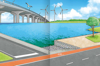 Gezeigt wird eine Innen- oder Zusatzansicht von „Erstes Stickern Metallic – Fahrzeuge“. Die Illustration zeigt eine lebendige Landschaft mit einer großen Brücke, die über einen blauen Wasserfluss führt. Im Hintergrund sind mehrere Windräder sichtbar, umgeben von grünem Land. Auf der linken Seite führt eine Straße mit einem Radweg, der in leuchtendem Orange gefärbt ist, zum Wasser. Ein Baum und eine kleine Sandfläche ergänzen die Szenerie, die vor einem strahlend blauen Himmel...