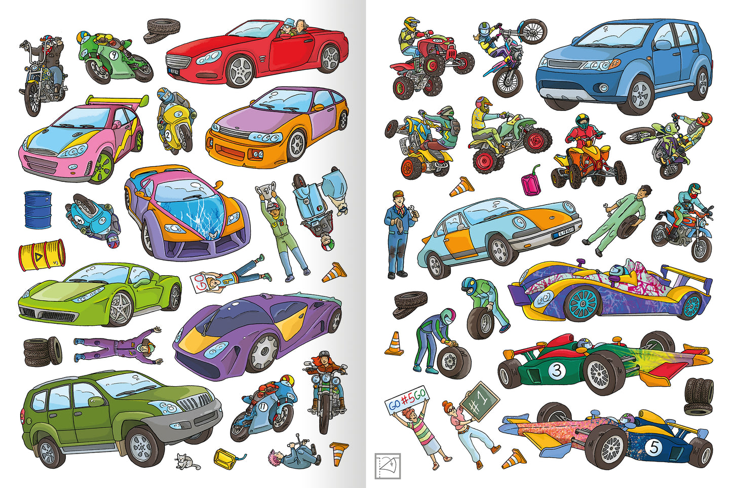 Gezeigt wird eine Innen- oder Zusatzansicht von „Erstes Stickern Metallic – Fahrzeuge“. Die Seite zeigt eine bunte Auswahl an Fahrzeug-Stickern, darunter Autos, Motorräder und Quads in lebhaften Farben wie Rot, Blau und Grün. Zudem sind verschiedene Figuren abgebildet, die mit den Fahrzeugen interagieren. Auf der Seite sind auch diverse Elemente wie Reifen, Pylonen und Werkzeuge zu sehen, alle in klaren, gut erkennbaren Formen und mit einer spielerischen, kindgerechten Typografie.