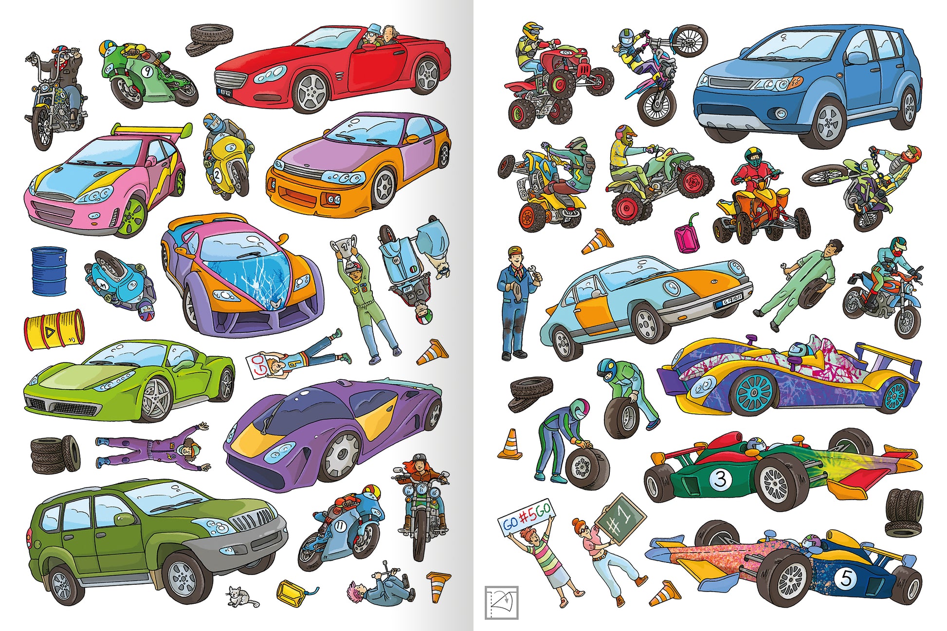 Gezeigt wird eine Innen- oder Zusatzansicht von „Erstes Stickern Metallic – Fahrzeuge“. Die Seite zeigt eine bunte Auswahl an Fahrzeug-Stickern, darunter Autos, Motorräder und Quads in lebhaften Farben wie Rot, Blau und Grün. Zudem sind verschiedene Figuren abgebildet, die mit den Fahrzeugen interagieren. Auf der Seite sind auch diverse Elemente wie Reifen, Pylonen und Werkzeuge zu sehen, alle in klaren, gut erkennbaren Formen und mit einer spielerischen, kindgerechten Typografie.