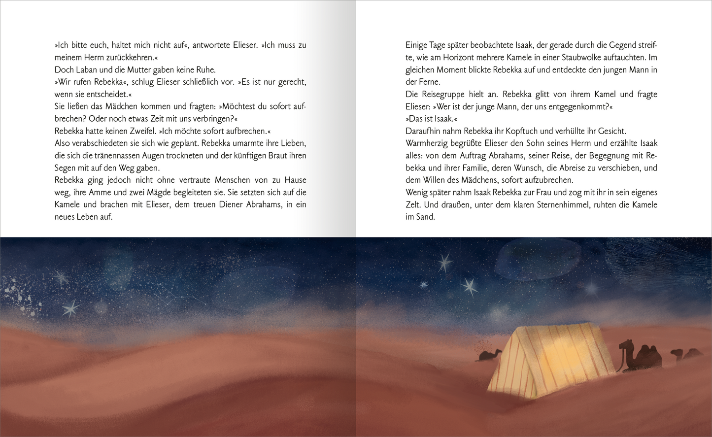 Gezeigt wird eine Innen- oder Zusatzansicht von „Meine große Kinderbibel“. Die Doppelseite präsentiert eine sanfte Farbpalette in warmen Beigetönen und tiefen Blautönen, die eine nächtliche Wüstenlandschaft widerspiegelt. Links ist ein Zelt abgebildet, umgeben von Kamelen, während rechts eine Erzählung in einfacher, kindgerechter Schrift mit gut lesbarer Typografie verläuft. Sterne funkeln über der Szene, die eine friedliche und einladende atmosphäre vermittelt.