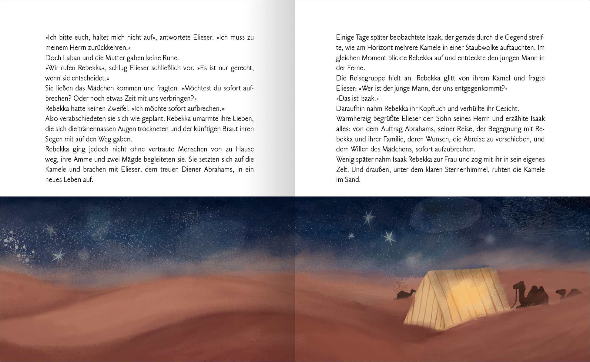 Gezeigt wird eine Innen- oder Zusatzansicht von „Meine große Kinderbibel“. Die Doppelseite präsentiert eine sanfte Farbpalette in warmen Beigetönen und tiefen Blautönen, die eine nächtliche Wüstenlandschaft widerspiegelt. Links ist ein Zelt abgebildet, umgeben von Kamelen, während rechts eine Erzählung in einfacher, kindgerechter Schrift mit gut lesbarer Typografie verläuft. Sterne funkeln über der Szene, die eine friedliche und einladende atmosphäre vermittelt.
