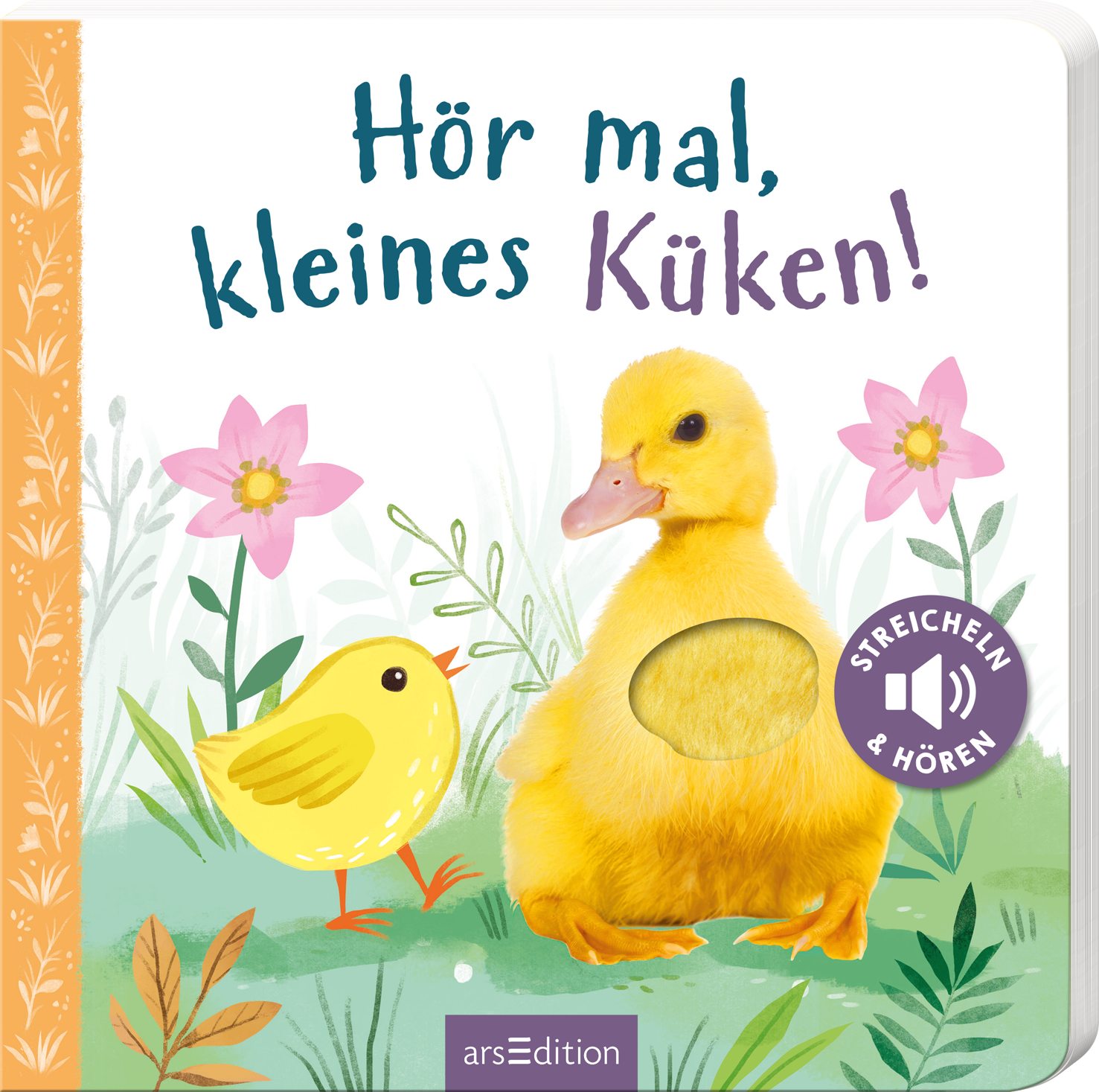 Das Buchcover zeigt ein fröhliches, gelbes Küken in der Mitte, umgeben von bunten Blumen in sanften Rosa- und Grüntönen. Der Titel „Hör mal, kleines Küken!“ ist in einer verspielten, blauen Schrift oben platziert, während die Schrift „STREICHELN &amp; HÖREN“ in einem runden, lila Button rechts zu finden ist. Die gesamte Gestaltung vermittelt eine freundliche und einladende Atmosphäre. Ganz unten mittig steht der Logoschriftzug von arsEdition.