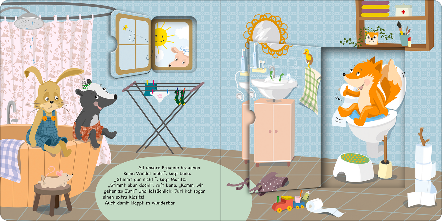 Gezeigt wird eine Innen- oder Zusatzansicht von „Moritz Moppelpo braucht keine Windel mehr“. Die Illustration zeigt eine freundliche Badezimmerumgebung mit hellblauen Wänden und bunten Details. Ein Fenster mit Sonne und Wolken sorgt für eine helle Atmosphäre. In der Mitte sitzt ein fröhlicher, orangefarbener Fuchs auf einer Toilette, während ein Hase und ein Wolf auf einem Holzfass sitzen. Auf dem Boden liegen Spielzeuge und ein Wäscheständer mit frischer Wäsche. Die Typografie ist...