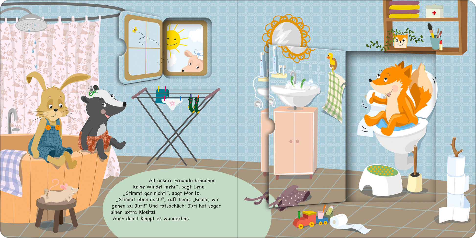 Gezeigt wird eine Innen- oder Zusatzansicht von „Moritz Moppelpo braucht keine Windel mehr“. Die Illustration zeigt eine freundliche Badezimmerumgebung mit hellblauen Wänden und bunten Details. Ein Fenster mit Sonne und Wolken sorgt für eine helle Atmosphäre. In der Mitte sitzt ein fröhlicher, orangefarbener Fuchs auf einer Toilette, während ein Hase und ein Wolf auf einem Holzfass sitzen. Auf dem Boden liegen Spielzeuge und ein Wäscheständer mit frischer Wäsche. Die Typografie ist...