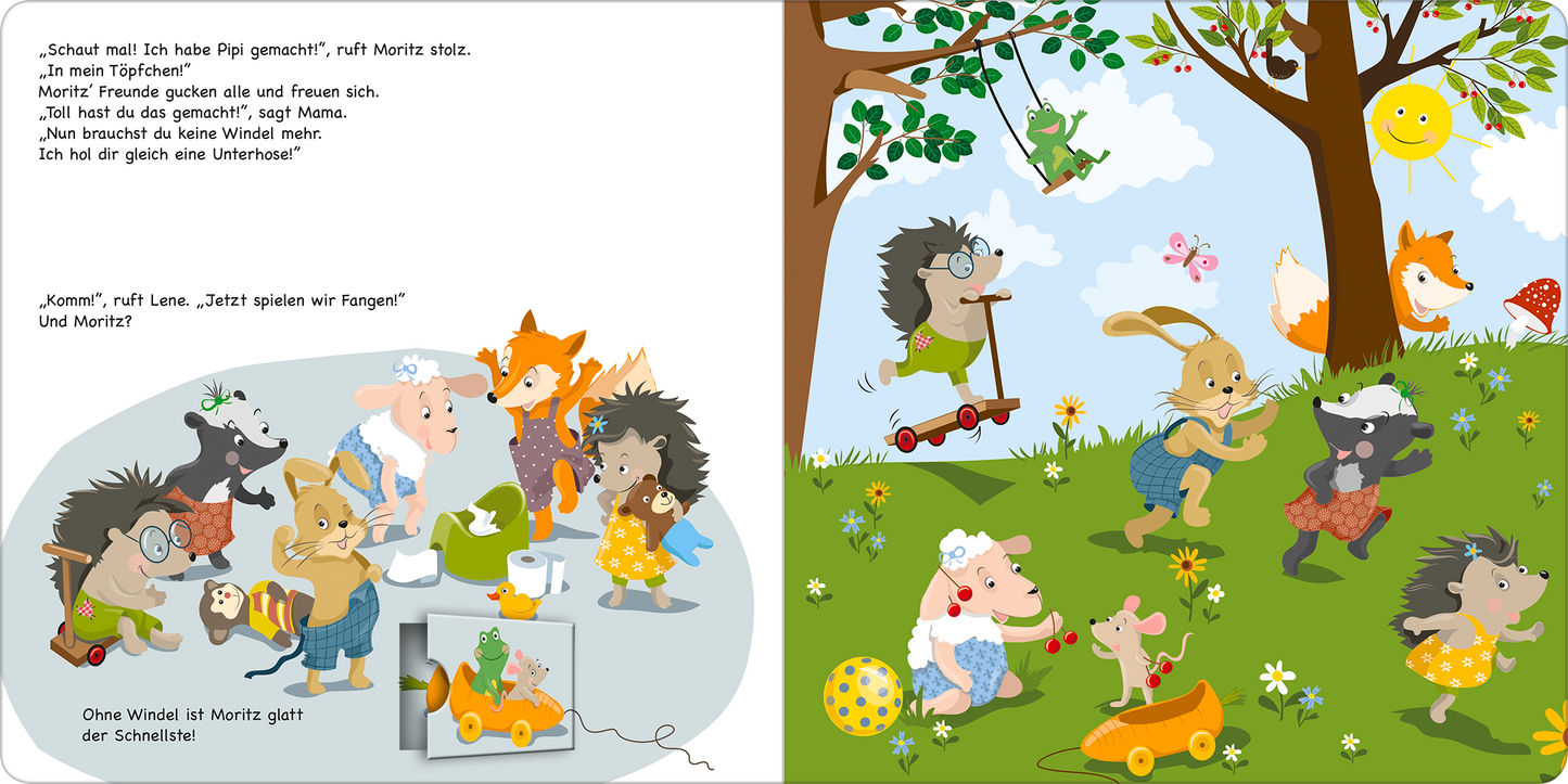 Gezeigt wird eine Innen- oder Zusatzansicht von „Moritz Moppelpo braucht keine Windel mehr“. Die linke Seite zeigt eine bunte Illustration mit Moritz und anderen Tieren, die gemeinsam spielen. Die Tiere sind freundlich und lächeln, in verschiedenen Farben gekleidet, mit viel Grün und bunten Spielzeugen im Vordergrund. Die rechte Seite zeigt eine sonnige Außenlandschaft mit fröhlichen Tieren, die aktiv sind, wie ein Hase und ein Igel. Der Text ist in klarer, kindgerechter Typografie...