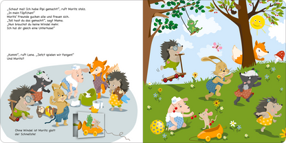 Gezeigt wird eine Innen- oder Zusatzansicht von „Moritz Moppelpo braucht keine Windel mehr“. Die linke Seite zeigt eine bunte Illustration mit Moritz und anderen Tieren, die gemeinsam spielen. Die Tiere sind freundlich und lächeln, in verschiedenen Farben gekleidet, mit viel Grün und bunten Spielzeugen im Vordergrund. Die rechte Seite zeigt eine sonnige Außenlandschaft mit fröhlichen Tieren, die aktiv sind, wie ein Hase und ein Igel. Der Text ist in klarer, kindgerechter Typografie...