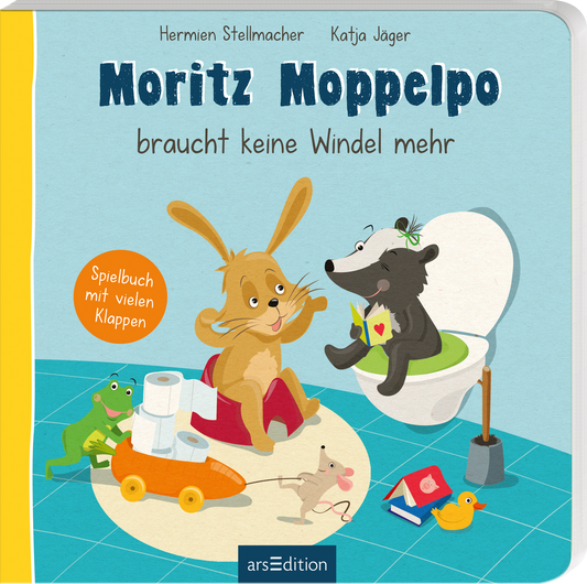 Das Buchcover zeigt einen fröhlichen Hase, der auf einem roten Töpfchen sitzt, während ein fröhlicher Dachs auf einer Toilette Platz genommen hat. Um sie herum sind bunte Spielzeuge und ein kleiner Krokodil. Der Titel „Moritz Moppelpo braucht keine Windel mehr“ ist in kindgerechter, blauer Schrift oben mittig platziert. In der unteren linken Ecke befindet sich ein oranger SPIEGEL-Bestseller-Button mit dem Text „Spielbuch mit vielen Klappen“. Ganz unten mittig steht der...