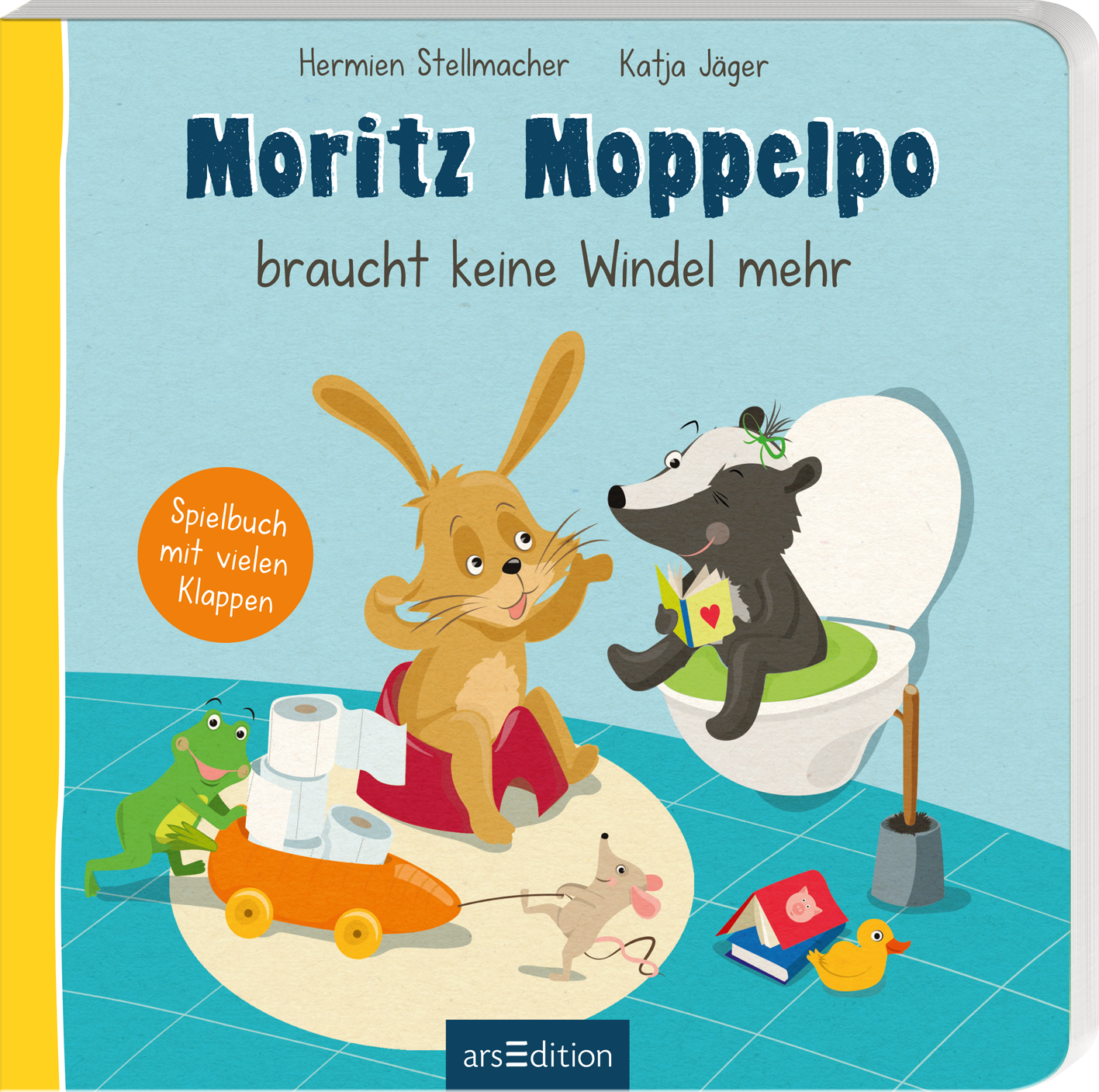 Das Buchcover zeigt einen fröhlichen Hase, der auf einem roten Töpfchen sitzt, während ein fröhlicher Dachs auf einer Toilette Platz genommen hat. Um sie herum sind bunte Spielzeuge und ein kleiner Krokodil. Der Titel „Moritz Moppelpo braucht keine Windel mehr“ ist in kindgerechter, blauer Schrift oben mittig platziert. In der unteren linken Ecke befindet sich ein oranger SPIEGEL-Bestseller-Button mit dem Text „Spielbuch mit vielen Klappen“. Ganz unten mittig steht der...