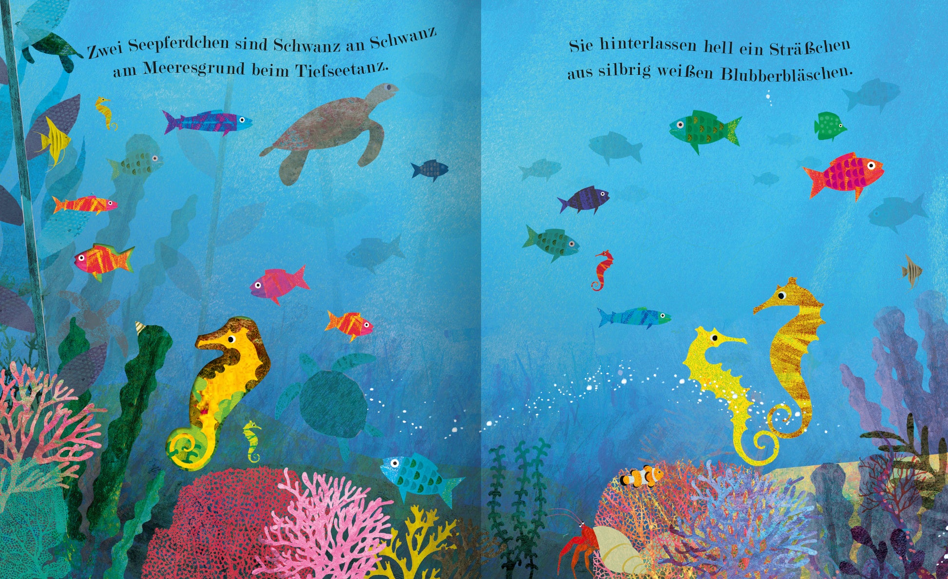 Gezeigt wird eine Innen- oder Zusatzansicht von „Meer“. Die Illustration präsentiert eine lebendige Unterwasserwelt mit bunten Fischen, darunter Orangetöne, Blau- und Grüntöne. Im Vordergrund sind zwei रसाषे अपना नामों का युग्मी कातेरूसामबदाय auf verschiedene Weise dargestellt. Korallen in zarten Rosa- und Rottönen umrahmen die Szene. Die Typografie ist verspielt und kindgerecht, begleitet von einer sanften...