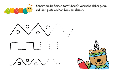 Gezeigt wird eine Innen- oder Zusatzansicht von „Lernraupe – Schwungübungen“. Die Seite zeigt einfache, unvollendete Muster, die fortgeführt werden sollen, darunter verschiedene geometrische Formen wie Häuser und Wellenlinien. In der oberen linken Ecke befindet sich ein farbenfrohes Lernraupen-Motiv mit einem freundlichen Gesicht. Rechts ist ein bunter Bär mit einem Kranich-Kopfband zu sehen, der einen Bleistift hält. Die Schrift ist klar und gut lesbar.