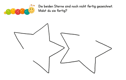 Gezeigt wird eine Innen- oder Zusatzansicht von „Lernraupe – Schwungübungen“. Die Illustration zeigt zwei unvollendete Sterne, umgeben von einem einfachen, weißen Hintergrund. Über den Sternen befindet sich der Aufruf: „Die beiden Sterne sind noch nicht fertig gezeichnet. Malst du sie fertig?“, in einer klaren, gut lesbaren Schrift. Oben links befindet sich eine bunte Raupe mit runden, rot, gelb, grün und blau gefärbten Segmenten.