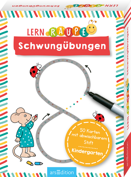 Das Buchcover zeigt eine farbenfrohe, verspielte Darstellung mit einer großen, geschwungenen Linie, die eine Zahl „8“ darstellt. Darum herum befinden sich süße Illustrationen von einer Maus und Marienkäfern. Der Haupttitel „LERNRAUPE“ ist in bunten Buchstaben oben platziert, während „Schwungübungen“ in einer roten, auffälligen Schrift darunter steht. In der unteren Ecke ist ein gelbes Quadrat mit dem Text „50 Karten mit abwischbarem Stift – Kindergarten“ abgebildet....