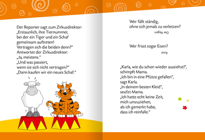 Gezeigt wird eine Innen- oder Zusatzansicht von „Witzebuch für Erstleser“. Die linke Seite zeigt eine bunte Illustration eines Tigers und eines Schafes auf roten Podesten, umgeben von einem orangefarbenen Hintergrund mit weißen Spiralen. Die rechte Seite enthält zwei humorvolle Textabschnitte in klarer, gut lesbarer Schrift. Die Typografie ist groß und kindgerecht, um die Lesbarkeit zu fördern. Die Farbgestaltung ist freundlich und einladend, ideal für Erstleser.