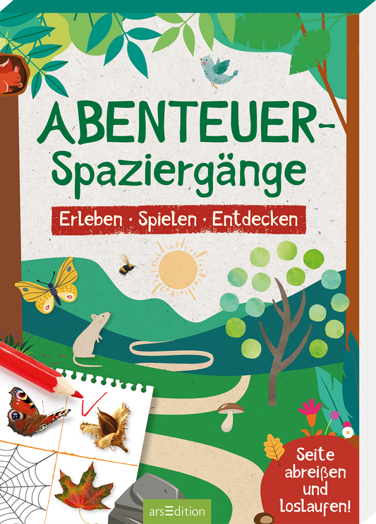 Auf dem Buchcover steht der titel „ABENTEUER-Spaziergänge“ in großen, grünen Buchstaben. Darunter befindet sich der Untertitel „Erleben · Spielen · Entdecken“ in roter Schrift. Das Cover zeigt eine lebendige Landschaft mit verschiedenen Tieren, Pflanzen und einem sonnigen Himmel, die eine fröhliche Atmosphäre schaffen. In der unteren linken Ecke ist ein abreißbarer Block mit einer Buntstiftzeichnung eines Insekts und einer Spinne abgebildet. Ein SPIEGEL-Bestseller-Button ist...