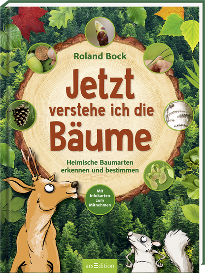 Das Buchcover zeigt eine rustikale Holzscheibe im Hintergrund, umgeben von verschiedenen grünen Blättern und Naturmaterialien. In der Mitte steht der Titel „Jetzt verstehe ich die Bäume“ in großen, braunen Buchstaben. Der untere Bereich zeigt eine schelmische Illustration eines Rehs, das aufmerksam schaut. Oben links steht der Name des Autors, Roland Bock. Unterhalb des Titels sind die Unterzeilen „Heimische Baumarten erkennen und bestimmen“ sowie „Mit Infokarten zum Mitnehmen“...