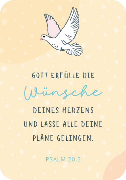 Gezeigt wird eine Innen- oder Zusatzansicht von „Segenswünsche zur Erstkommunion“. Der Hintergrund ist in einem sanften Gelbton mit leichten, weißen Punkten gestaltet. Oben schwebt eine gezeichnete Taube, die in Pastellfarben gehalten ist. Die zentrale Botschaft „Gott erfülle die Wünsche deines Herzens und lasse alle deine Pläne gelingen“ ist in einer Kombination aus handschriftlicher und klarer Typografie dargestellt, wobei das Wort „Wünsche“ besonders hervorhebt wird....