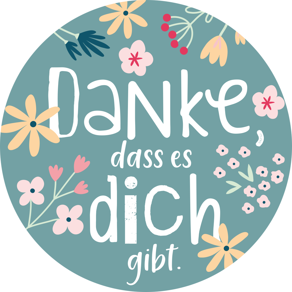 Gezeigt wird eine Innen- oder Zusatzansicht von „Beste Mama von allen“. Der Hintergrund ist in einem sanften, gedeckten Blau gehalten. In der Mitte steht der Text „Danke, dass es dich gibt.“ in unterschiedlichen Schriftgrößen und -stilen, vor allem in Weiß und sanften Pastelltönen. Rund um den Text sind florale Elemente, wie verschiedene Arten von Blumen in Gelb, Rosa, und Weiß angeordnet, die dem Design eine fröhliche und einladende Note verleihen.
