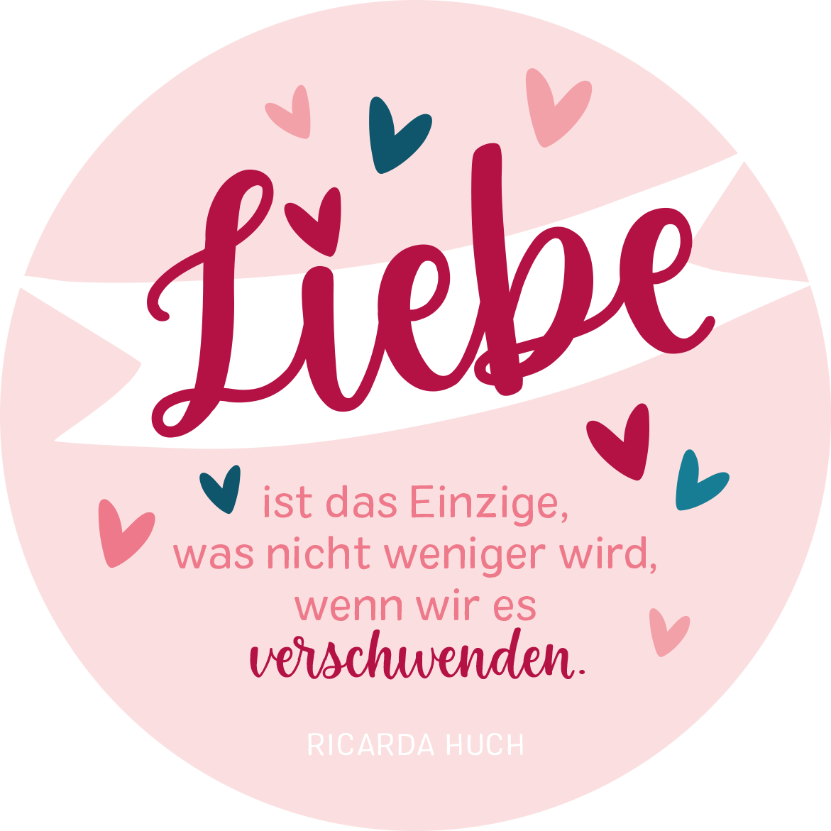 Gezeigt wird eine Innen- oder Zusatzansicht von „Beste Mama von allen“. Im Zentrum steht das Wort „Liebe“ in geschwungener, kräftiger roter Schrift. Darunter folgt der Satz „ist das Einzige, was nicht weniger wird, wenn wir es verschwenden.“ in einer klaren, gut lesbaren grauen Typografie. Der Hintergrund ist in sanften Rosa-Tönen gehalten und wird von kleinen, bunten Herzen in Pink, Blau und Türkis umrahmt, die dem Design eine freundliche und liebevolle Atmosphäre verleihen.