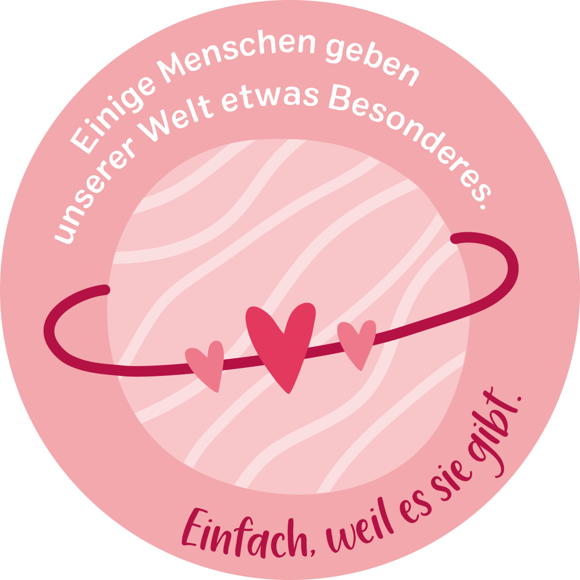 Gezeigt wird eine Innen- oder Zusatzansicht von „Beste Mama von allen“. Die Darstellung zeigt einen rosa Hintergrund mit geschwungenen Linien. In der Mitte befindet sich ein großer, heller Kreis, umgeben von einer roten geschwungenen Linie, auf der zwei stilisierte Herzen platziert sind. Oben steht in verspielter Schrift „Einige Menschen geben unserer Welt etwas Besonderes“ und unten in einer kräftigen, gut lesbaren Schrift „Einfach, weil es sie gibt.“